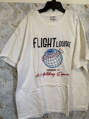 Flight Lounge Graphic Tee in White with Red & Blue Print